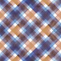 Watercolor diagonal stripe plaid seamless pattern. Colorful blue and brown background Royalty Free Stock Photo