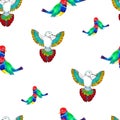 Watercolor different birds on white background. Seamless pattern.