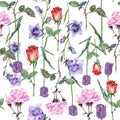 Watercolor different meadow flowers. Floral seamless pattern for design.