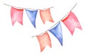 Watercolor different vintage flags garlands, hand drawn illustration of blue, pink, orange flags isolated on white Royalty Free Stock Photo