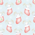 Watercolor and digital graphic seamless pattern with Christmas mice in red socks Royalty Free Stock Photo