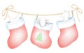 Watercolor and digital graphic set of three white mise in Christmas socks Royalty Free Stock Photo