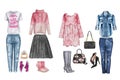 Watercolor digital illustration - watercolor fashion clip art set - Wardrobe essentials - Woman Apparel - Flat fashion sketch