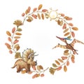 Watercolor dino wreath. Brown dinosaur with plants. Floral frame with cute triceratops