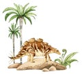 Watercolor dinosaur illustration with prehistoric landscape. Hand drawn Wuerhosaurus on the rocks with palm trees. Royalty Free Stock Photo