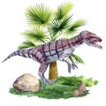 Watercolor dinosaur isolated on white background. Dinosaur on landscape with nature palm trees Royalty Free Stock Photo