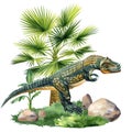 Watercolor dinosaur isolated on white background. Dinosaur on landscape with nature palm trees