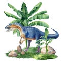 Watercolor dinosaur isolated on white background. Dinosaur on landscape with nature palm trees