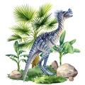 Watercolor dinosaur isolated on white background. Dinosaur on landscape with nature palm trees