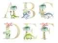 Watercolor dinosaurs letters.