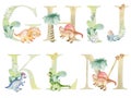 Watercolor dinosaurs letters.