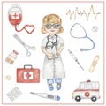 Watercolor doctor clipart, hand drawn medicine supplies illustration. Woman working in the hospital, kids school card clip art,