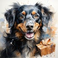 Watercolor dog and gift, festive square postcard. AI generative