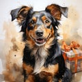 Watercolor dog with a gift, festive square postcard. AI generative