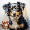 Watercolor dog with a gift, square postcard. AI generative