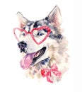 Watercolor dog in red glasses