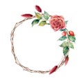 Watercolor dogrose wreath. Hand painted tree border with dahlia, tree branch and leaves, lagurus isolated on white