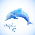 Watercolor dolphin background symbel. Jumping blue dolphin watercolor painted