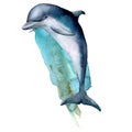 Watercolor dolphin and blue water composition. Hand painted underwater illustration isolated on white background