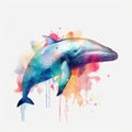 Watercolor Dolphin portrait, painted illustration of a cute marine animal on a blank background, Colorful splashes body Royalty Free Stock Photo