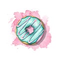 Watercolor donut with green mint glaze on pink stain