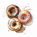 Watercolor donuts. Hand drawn illustration, isolated on white background