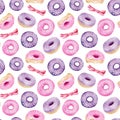 Watercolor donuts and ribbon bows seamless pattern. Hand painted pink and purple doughnut with glaze and sprinkles Royalty Free Stock Photo