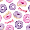 Watercolor donuts and ribbon bows seamless pattern. Hand painted pink and purple doughnut with glaze and sprinkles Royalty Free Stock Photo