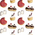 Watercolor donuts seamless pattern. Chocolate, red, white glazed donuts, marshmallow. For a kitchen, textile, backery