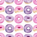 Watercolor donuts seamless pattern. Hand painted pink and purple doughnut with glaze and sprinkles background isolated Royalty Free Stock Photo