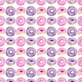Watercolor donuts seamless pattern. Hand painted pink and purple doughnut with glaze and sprinkles background isolated Royalty Free Stock Photo