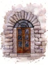 Watercolor door in stone wall