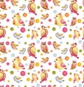 Watercolor Dots and Bright Funny Birds Seamless Pattern