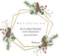 Watercolor double brilliant golden geometric borders with spruce branches, eucalyptus, pine cones, winter berries. Royalty Free Stock Photo