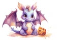 Watercolor Dragon. Cute cartoon fairy tale purple baby dragon female with open wings and cookies, smiles. Illustration