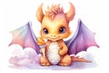 Watercolor Dragon. Cute cartoon fairy tale yellow baby dragon female with open wings and ice cream, smiles. Illustration