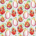 Watercolor dragon fruit seamless pattern on doodle background