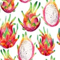 Watercolor dragon fruit seamless pattern on white background