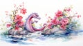 Watercolor Dragon On Sea Shore With Pink Flowers