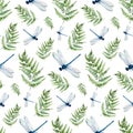 Watercolor dragonfly and fern pattern