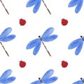 Watercolor dragonfly and ladybug on a white background. Seamless pattern Royalty Free Stock Photo