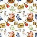 Watercolor drakkars, axes and other elements of viking culture seamless pattern Royalty Free Stock Photo