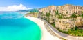 Watercolor drawing of Aerial panoramic view of Tropea town and beach coastline of Tyrrhenian Sea