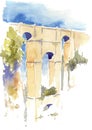 Watercolor drawing of an ancient Roman bridge