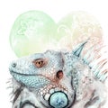 Watercolor drawing of animal - iguana with flowers Royalty Free Stock Photo