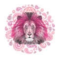 Watercolor drawing of an animal of a mammal predator, pink lion, pink mane, lion-king of beasts, portrait of greatness, strength,