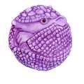 Watercolor drawing of an armadillo curled up in a purple ball.