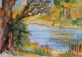 Watercolor drawing autumn landscape in yellow tones an old tree by the blue river Royalty Free Stock Photo