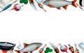 Watercolor drawing banner from various fishing bobblers, fish, buckets, clover leaves, fishing nets, fishing line, bait