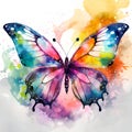 Watercolor drawing of a beautiful butterfly on white. Watercolour painting of butterfly in bright rainbow colors, AI generated Royalty Free Stock Photo